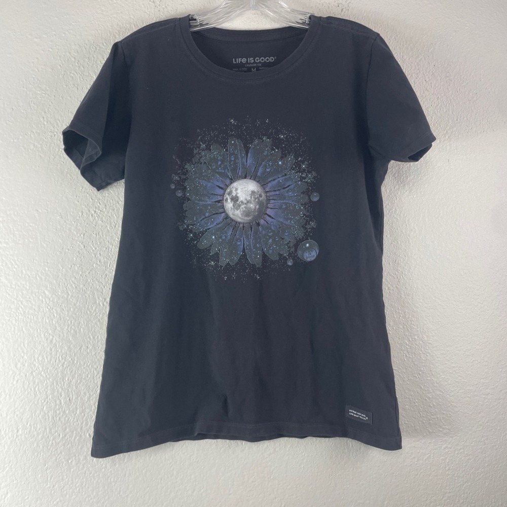 Life is Good Crusher Tee Medium Black Moon Flower Celestial Nature Graphic Shirt